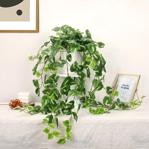 Fake Plants Indoor, Artifical Potted Trailing Ivy Faux Pothos Plant for Home Decor Fake Greenery with White Ceramic Planter for Bedroom Living Room Office Garden Table Shelf Decor(Dark Green) in Kuwait