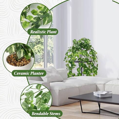 Fake Plants Indoor, Artifical Potted Trailing Ivy Faux Pothos Plant for Home Decor Fake Greenery with White Ceramic Planter for Bedroom Living Room Office Garden Table Shelf Decor(Dark Green) in Kuwait