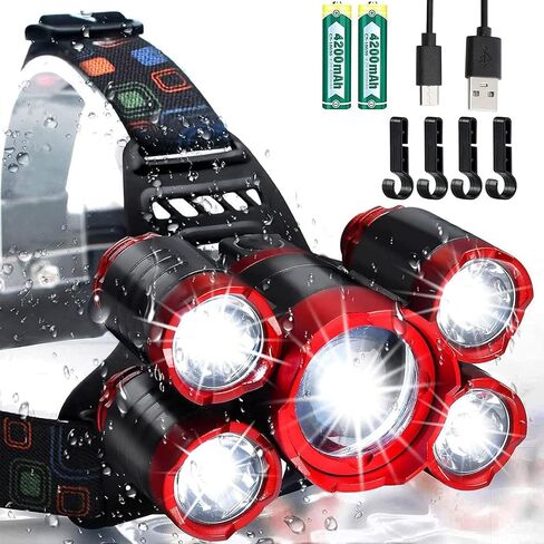 JIMEJV USB Rechargeable Headlamp 12000 Lumen Ultra Bright LED Work Headlight, 4 Modes Waterproof Head Lamp Best Headlamps for Adults, Camping, Outdoors & Hard Hat Work Zoomable Headlight (Red) in Saudi Arabia