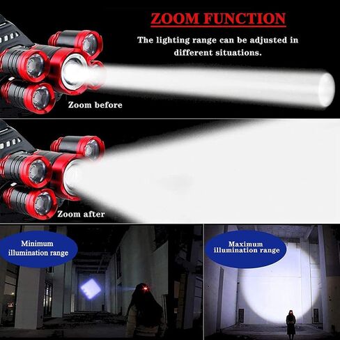 JIMEJV USB Rechargeable Headlamp 12000 Lumen Ultra Bright LED Work Headlight, 4 Modes Waterproof Head Lamp Best Headlamps for Adults, Camping, Outdoors & Hard Hat Work Zoomable Headlight (Red) in Saudi Arabia