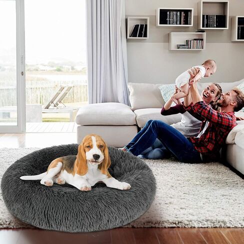 أسرة جرو مهدئة للكلاب الصغيرة، سرير كلب صغير مستدير قابل للغسل ومضاد للانزلاق من الفرو الصناعي المنفوش على شكل كعكة الدونات والقطط الأليفة القلق، يناسب ما يصل إلى 25 رطلاً in Kuwait