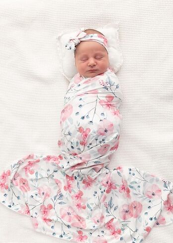 Giggle Angel Baby Receiving Blanket Swaddle Blanket Infant Wrap Pink Floral Pattern with Matching Bowtie (Boho) in Kuwait