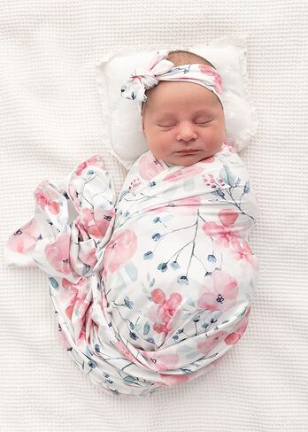 Giggle Angel Baby Receiving Blanket Swaddle Blanket Infant Wrap Pink Floral Pattern with Matching Bowtie (Boho) in Kuwait