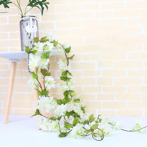 UUPP 2Pcs Artificial Cherry Blossom Flower Garland Silk Fake Hanging Flower Vines for Home Wedding Decoration, 7.2FT(White) in Kuwait