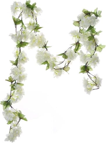 UUPP 2Pcs Artificial Cherry Blossom Flower Garland Silk Fake Hanging Flower Vines for Home Wedding Decoration, 7.2FT(White) in Kuwait