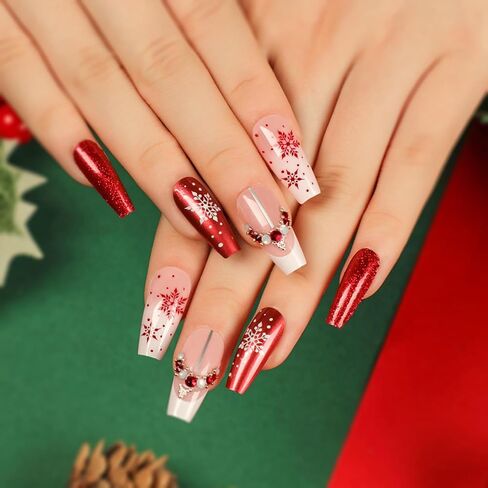 Christmas Press on Nails Coffin Medium Fake Nails With Snowflake Heart Designs Glitter Full Cover False Nails Acrylic Stick on Nails Winter Xmas Artificial Nails Glue on Nails for Women Girls 24Pcs in Saudi Arabia