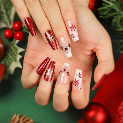 Christmas Press on Nails Coffin Medium Fake Nails With Snowflake Heart Designs Glitter Full Cover False Nails Acrylic Stick on Nails Winter Xmas Artificial Nails Glue on Nails for Women Girls 24Pcs in Saudi Arabia