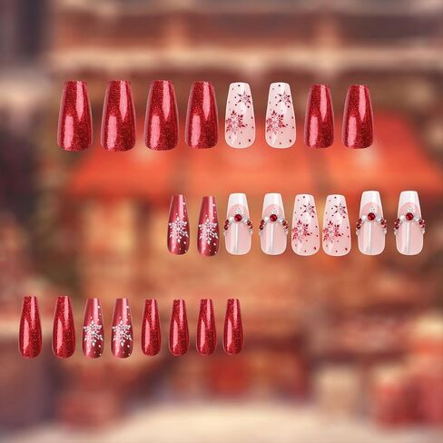 Christmas Press on Nails Coffin Medium Fake Nails With Snowflake Heart Designs Glitter Full Cover False Nails Acrylic Stick on Nails Winter Xmas Artificial Nails Glue on Nails for Women Girls 24Pcs in Saudi Arabia