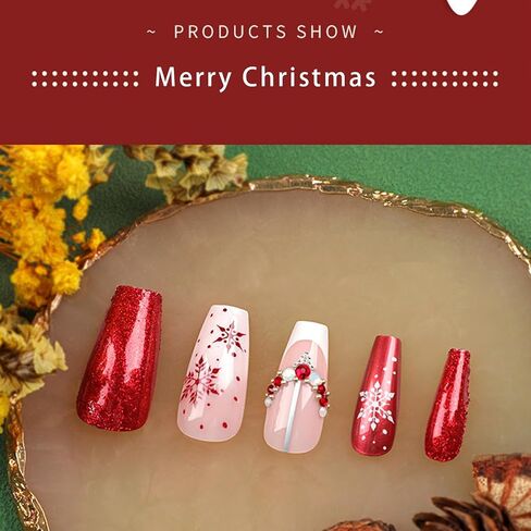 Christmas Press on Nails Coffin Medium Fake Nails With Snowflake Heart Designs Glitter Full Cover False Nails Acrylic Stick on Nails Winter Xmas Artificial Nails Glue on Nails for Women Girls 24Pcs in Saudi Arabia