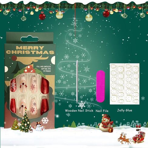 Christmas Press on Nails Coffin Medium Fake Nails With Snowflake Heart Designs Glitter Full Cover False Nails Acrylic Stick on Nails Winter Xmas Artificial Nails Glue on Nails for Women Girls 24Pcs in Saudi Arabia