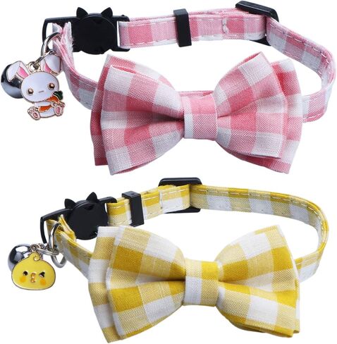 STMK 2 Pack Easter Cat Collars with Bow Tie Bell, Breakaway Adjustable Cat Kitten Collars with Bowtie Bell for Cats Kittens (Bunny & Easter Chick) in Saudi Arabia