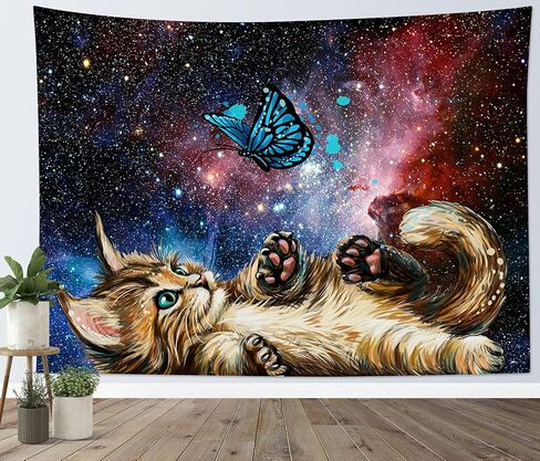 LB Funny Cat Butterfly Tapestry, Neblua Galaxy Starry Night Sky Wall Tapestry for Bedroom, Kittee Teal Butterfly Wall Hanging Tapestry Fantasy Wall Art for Living Room Dorm Home Decor,48 x 36 Inches in Kuwait