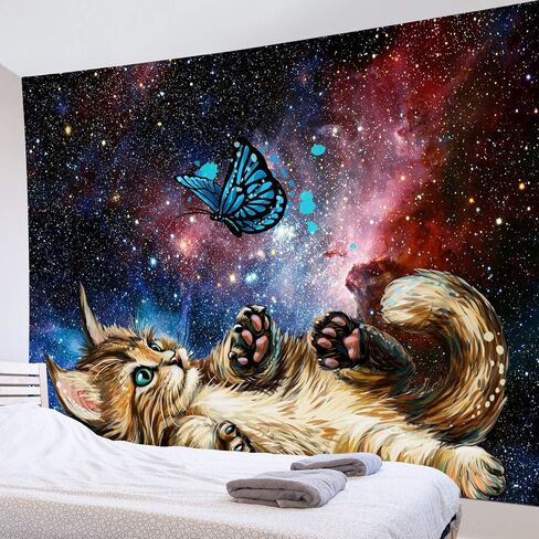 LB Funny Cat Butterfly Tapestry, Neblua Galaxy Starry Night Sky Wall Tapestry for Bedroom, Kittee Teal Butterfly Wall Hanging Tapestry Fantasy Wall Art for Living Room Dorm Home Decor,48 x 36 Inches in Kuwait