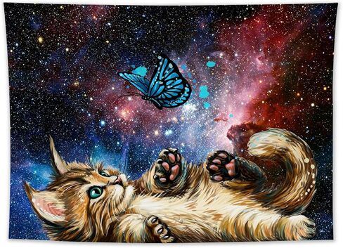 LB Funny Cat Butterfly Tapestry, Neblua Galaxy Starry Night Sky Wall Tapestry for Bedroom, Kittee Teal Butterfly Wall Hanging Tapestry Fantasy Wall Art for Living Room Dorm Home Decor,48 x 36 Inches in Kuwait