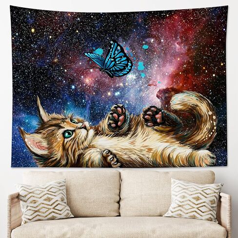LB Funny Cat Butterfly Tapestry, Neblua Galaxy Starry Night Sky Wall Tapestry for Bedroom, Kittee Teal Butterfly Wall Hanging Tapestry Fantasy Wall Art for Living Room Dorm Home Decor,48 x 36 Inches in Kuwait