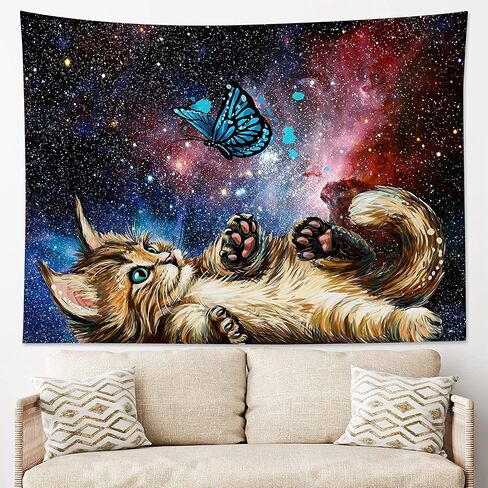 LB Funny Cat Butterfly Tapestry, Neblua Galaxy Starry Night Sky Wall Tapestry for Bedroom, Kittee Teal Butterfly Wall Hanging Tapestry Fantasy Wall Art for Living Room Dorm Home Decor,48 x 36 Inches in Kuwait