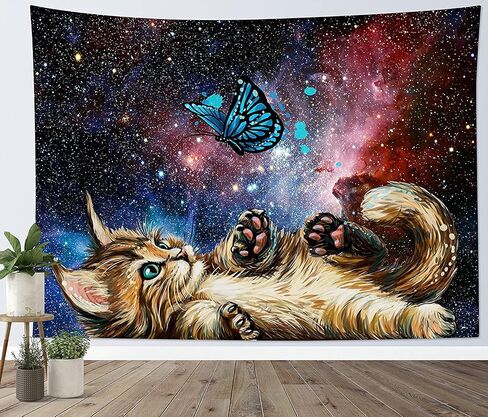 LB Funny Cat Butterfly Tapestry, Neblua Galaxy Starry Night Sky Wall Tapestry for Bedroom, Kittee Teal Butterfly Wall Hanging Tapestry Fantasy Wall Art for Living Room Dorm Home Decor,48 x 36 Inches in Kuwait
