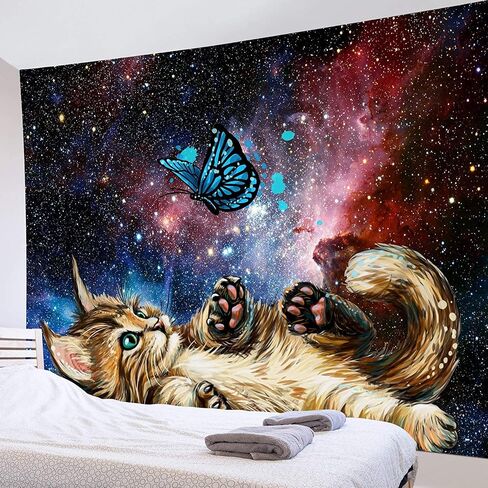 LB Funny Cat Butterfly Tapestry, Neblua Galaxy Starry Night Sky Wall Tapestry for Bedroom, Kittee Teal Butterfly Wall Hanging Tapestry Fantasy Wall Art for Living Room Dorm Home Decor,48 x 36 Inches in Kuwait