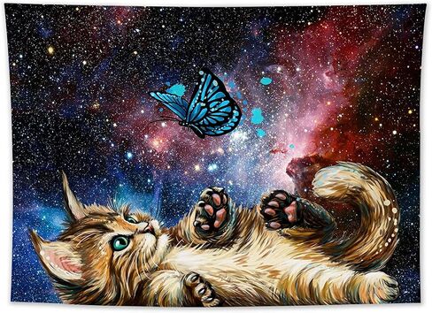 LB Funny Cat Butterfly Tapestry, Neblua Galaxy Starry Night Sky Wall Tapestry for Bedroom, Kittee Teal Butterfly Wall Hanging Tapestry Fantasy Wall Art for Living Room Dorm Home Decor,48 x 36 Inches in Kuwait