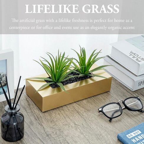 نباتات عشبية خضراء اصطناعية مقاس 10 بوصات من MyGift في وعاء زراعة خشبي نحاسي اللون، نباتات خضراء صناعية في حاوية خشبية مستطيلة لديكور سطح الطاولة in Saudi Arabia
