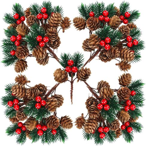 Red Berry Stems Faux Christmas Tree Picks - Pine Cones and Holly Sprigs for Crafts, 48 Pieces (Cute) in Saudi Arabia