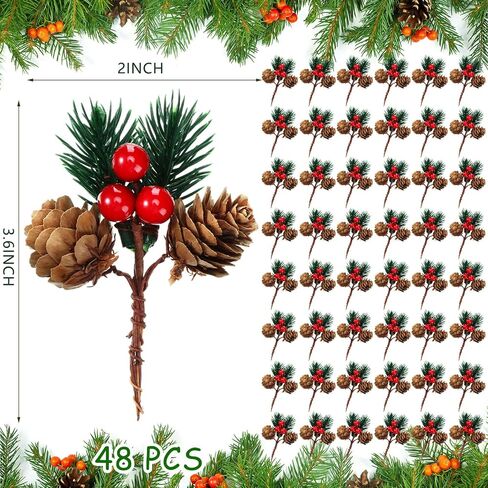 Red Berry Stems Faux Christmas Tree Picks - Pine Cones and Holly Sprigs for Crafts, 48 Pieces (Cute) in Saudi Arabia