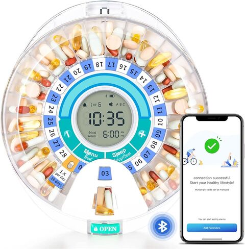 آلة توزيع حبوب الدواء الأوتوماتيكية بتقنية البلوتوث الذكية من COLORWING، منظم للأدوية لمدة 28 يومًا، ما يصل إلى 6 حلقات تذكير بجرعات حبوب منع الحمل لمراقبة الرعاية اليومية مع منبه الصوت والضوء وتنبيهات التطبيق (أخضر) in Kuwait