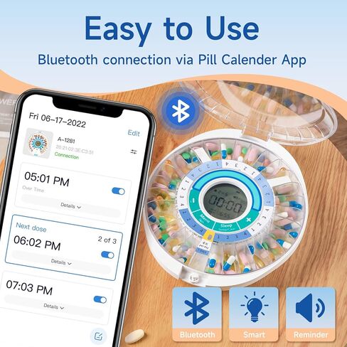 آلة توزيع حبوب الدواء الأوتوماتيكية بتقنية البلوتوث الذكية من COLORWING، منظم للأدوية لمدة 28 يومًا، ما يصل إلى 6 حلقات تذكير بجرعات حبوب منع الحمل لمراقبة الرعاية اليومية مع منبه الصوت والضوء وتنبيهات التطبيق (أخضر) in Kuwait