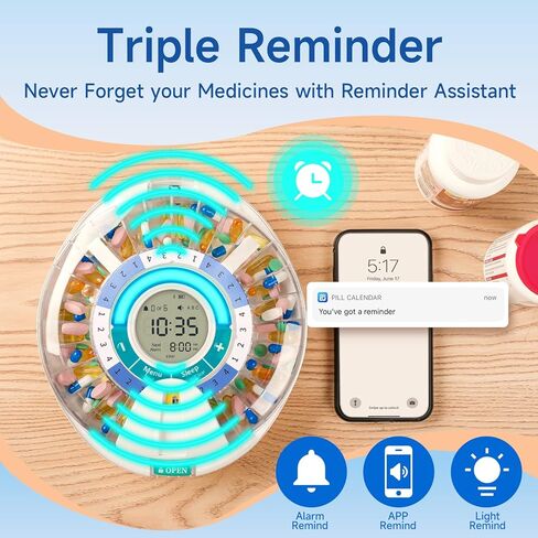 آلة توزيع حبوب الدواء الأوتوماتيكية بتقنية البلوتوث الذكية من COLORWING، منظم للأدوية لمدة 28 يومًا، ما يصل إلى 6 حلقات تذكير بجرعات حبوب منع الحمل لمراقبة الرعاية اليومية مع منبه الصوت والضوء وتنبيهات التطبيق (أخضر) in Kuwait