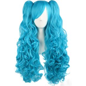 MapofBeauty 28 Inch/70 cm Lolita Long Curly 2 Ponytails Clip on Cosplay Wig (Hot Pink)