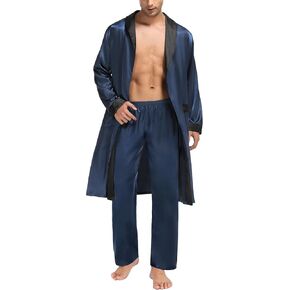 SWOMOG Men's Satin Robe with Pants Set Silky Kimono Bathrobe Lightweight Soft Sleepwear Loungewear