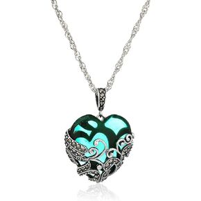 Amazon Collection Marcasite and Colored Glass Heart Pendant Necklace with Chain in Oxidized Sterling Silver