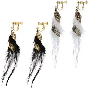 Boho Clip on Earrings No Pierced Screw Back Bohemian Dream Catcher Feathers Dangle Earrings Wave Leaf Vintage Handmade Long Drop Earrings for Women Teen Girls 2PCS in Saudi Arabia