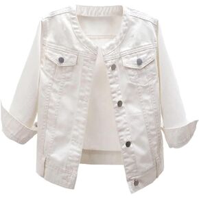 Kedera Women Denim Jacket Button Down Collarless 3/4 Sleeve Cropped Jean Jacket