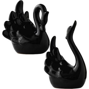 2pcs Ceramic Swan Statue Couple Swan Table Sculpture Elegant Swan Figurine Porcelain Swan Figure Desktop Swan Ornament for Home Living Room Decorations Black