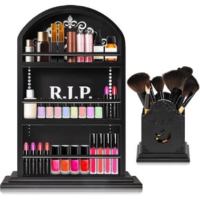 Tanlade 2 Pcs Halloween Tombstone Gothic Makeup Shelf and Brush Holder Multi Shelf Gothic Makeup Organizer Floating Wall or Free Standing Goth Shelf Gothic Bedroom Decor for Women Bathroom Spooky Gift in Kuwait