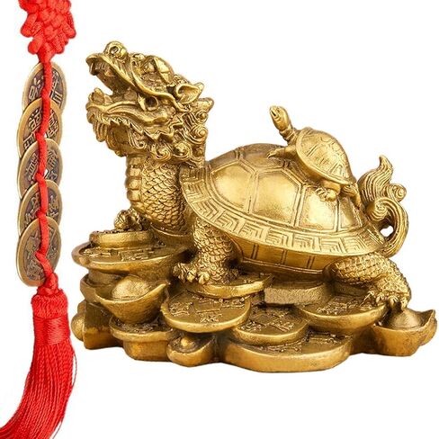 Bitopbi Brass Dragon Turtle Statue Feng Shui Ornament Wealth Prosperity Good Luck Sculpture Free Set of 5 Lucky Charm Ancient Coins on Red String Chinese Charm of Prosperity (5# Dragon Turtle) in Saudi Arabia