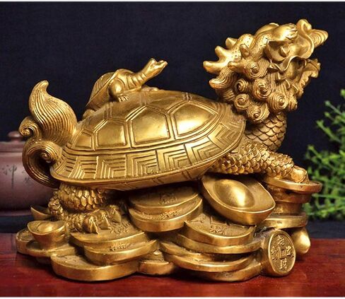 Bitopbi Brass Dragon Turtle Statue Feng Shui Ornament Wealth Prosperity Good Luck Sculpture Free Set of 5 Lucky Charm Ancient Coins on Red String Chinese Charm of Prosperity (5# Dragon Turtle) in Saudi Arabia