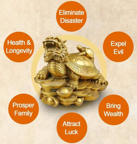 Bitopbi Brass Dragon Turtle Statue Feng Shui Ornament Wealth Prosperity Good Luck Sculpture Free Set of 5 Lucky Charm Ancient Coins on Red String Chinese Charm of Prosperity (5# Dragon Turtle) in Saudi Arabia