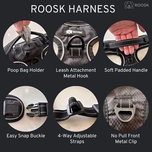 ROOSK Dog Harness | No-Pull, Reflective, 4-Way Adjustable w/Poop Bag Holder | Ultimate Comfort, Soft, Padded Waterproof Oxford w/Airmesh | 2 Leash Clips (Green, Medium) in Saudi Arabia