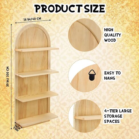 Soaoo Large Size 4 Tiers Wooden Arched Bookshelf Boho Arched Wall Shelf Curved Wooden Bookcase Arched Shelf for Wall Living Room Bathroom Decor Storage 39'' x 16'' in Saudi Arabia