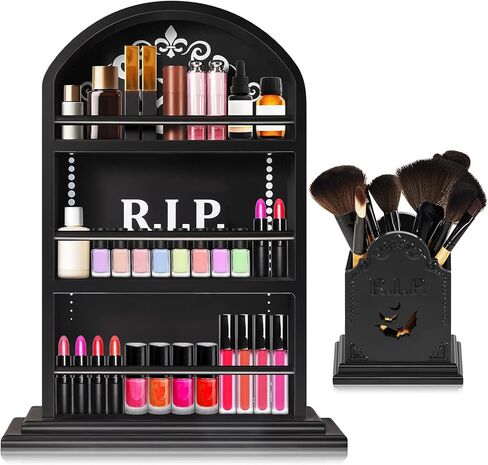 Tanlade 2 Pcs Halloween Tombstone Gothic Makeup Shelf and Brush Holder Multi Shelf Gothic Makeup Organizer Floating Wall or Free Standing Goth Shelf Gothic Bedroom Decor for Women Bathroom Spooky Gift in Kuwait