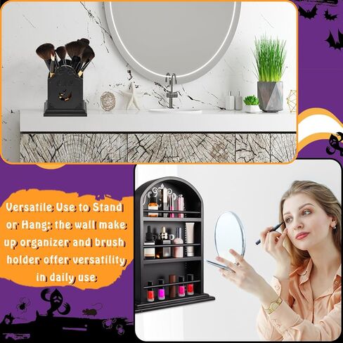 Tanlade 2 Pcs Halloween Tombstone Gothic Makeup Shelf and Brush Holder Multi Shelf Gothic Makeup Organizer Floating Wall or Free Standing Goth Shelf Gothic Bedroom Decor for Women Bathroom Spooky Gift in Kuwait