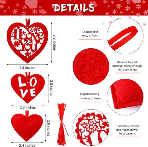 60 Pieces Valentine's Day Heart Ornaments Red and Pink Felt Heart Shaped Hanging Cutouts with String Loop for Valentine's Day Wedding Anniversary Party Favors in Saudi Arabia