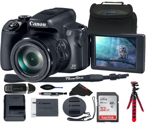 كاميرا Canon Powershot SX70 بدقة 20.3 ميجابكسل وعدسة تكبير بصري 65x وفيديو 4K وشاشة LCD قابلة للإمالة مقاس 3 بوصات (أسود) مع حزمة ملحقات PixiBytes (متجددة) in Saudi Arabia