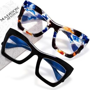 Madison Avenue 2 Pack Oversized Square Blue Light Blocking Glasses for Women, Thick Cateye Computer Eyeglasses