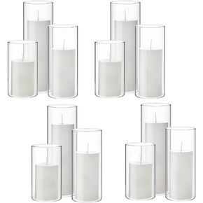 Set of 12 White Pillar Candles and Glass Cylinder Vases Clear Cylinder Candle Holders for Slim Pillar Candles Wedding Centerpieces