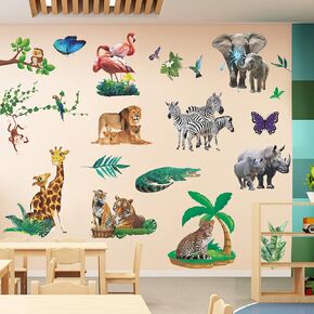 RW-1065 Jungle Animal Wall Decals Cartoon 3D Wild Animal Wall Stickers Peel and Stick DIY Removable Animal Wall Art Decor for Kids Babys Bedroom Bathroom Living Room Nursery Wall Decoration