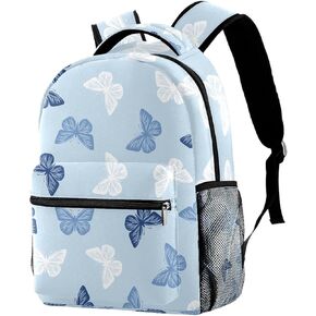 Niaocpwy School Backpacks Blue Pattern Butterflies Elementary Students Bookbags With Water Bottle Pocket