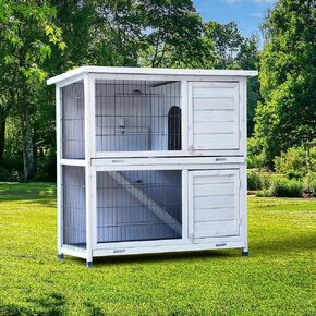 Lifeand Rabbit Hutch Outdoor, 2-Story Rabbit Cage Indoor with Run, Bunny Cage with 2 Removable No-Leak Trays, Pet Cages with Non-Slip Ramp, Waterproof Roof, Fence, for Small Animals, Gray in Kuwait